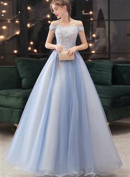 Picture of Blue Off Shoulder Long Party Dresses with Lace Applique, Off Shoulder Straps Prom Dresses Evening Dresses